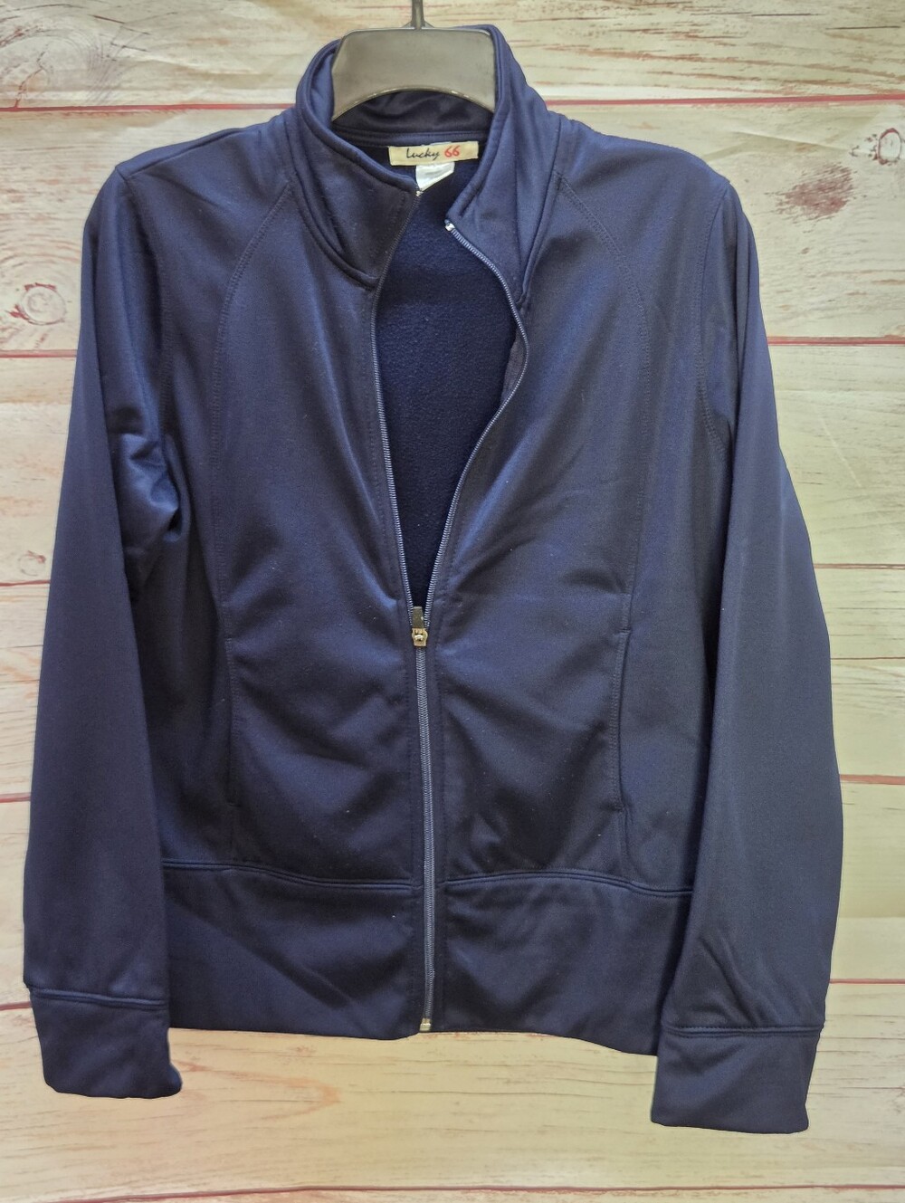Lucky 66 Women's Full Zip Track Jacket Navy Blue Size L Fleece Lined 21x25